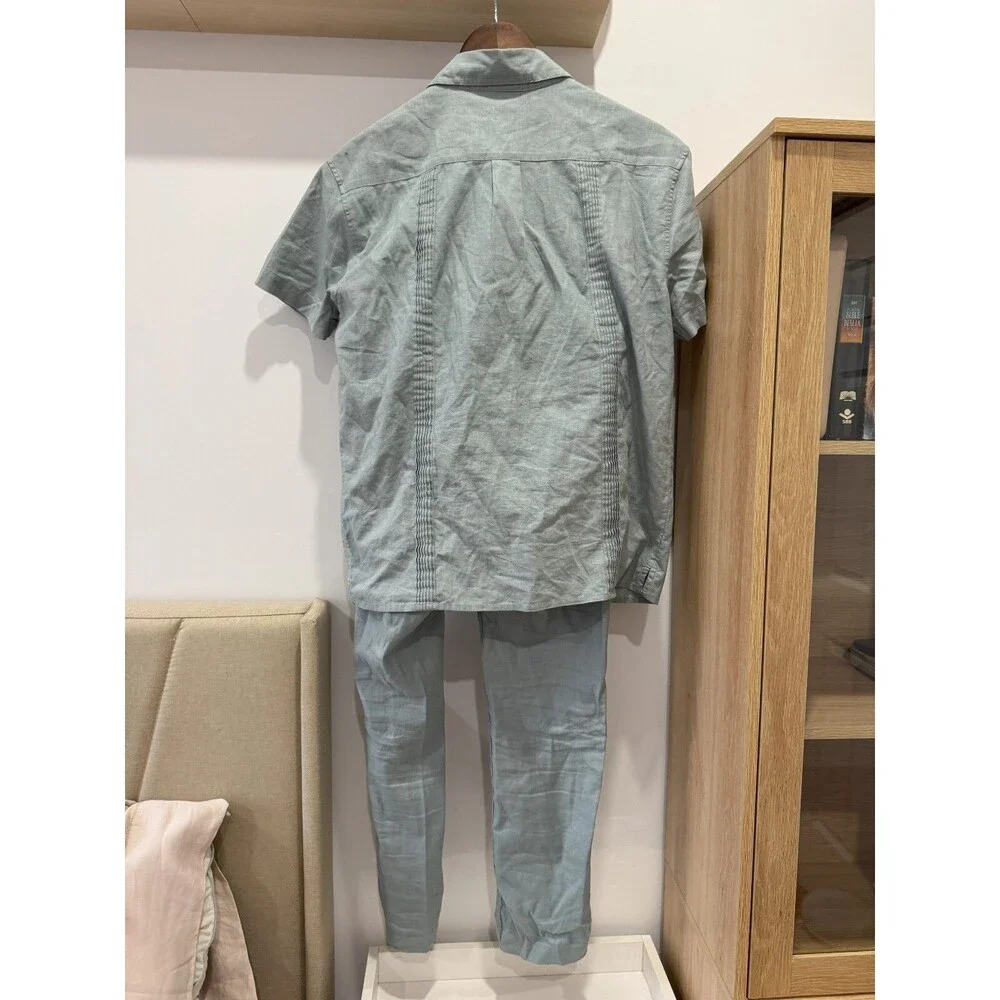 Dandy Del Mar Mens XS Green Brisa Cuban Short Sleeve + Pants Linen Embroidered - Picture 4 of 16